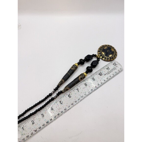 Vintage Brass Inlay Black Chunky Bohemian Necklace Large Pendant Tribal Ethnic - Picture 2 of 13